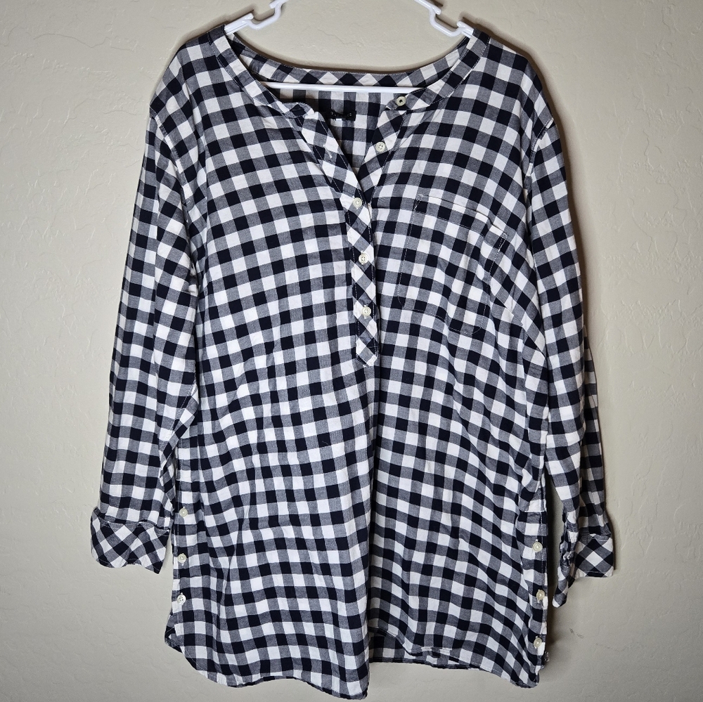 Talbots Womens Shirt M Henley Plaid Checkered Gingham Blue White